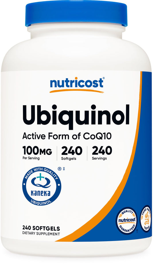 Front view of Nutricost Ubiquinol Softgels bottle with 240-count label
