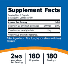 Label showing 2mg vanadium and 200mcg chromium per serving