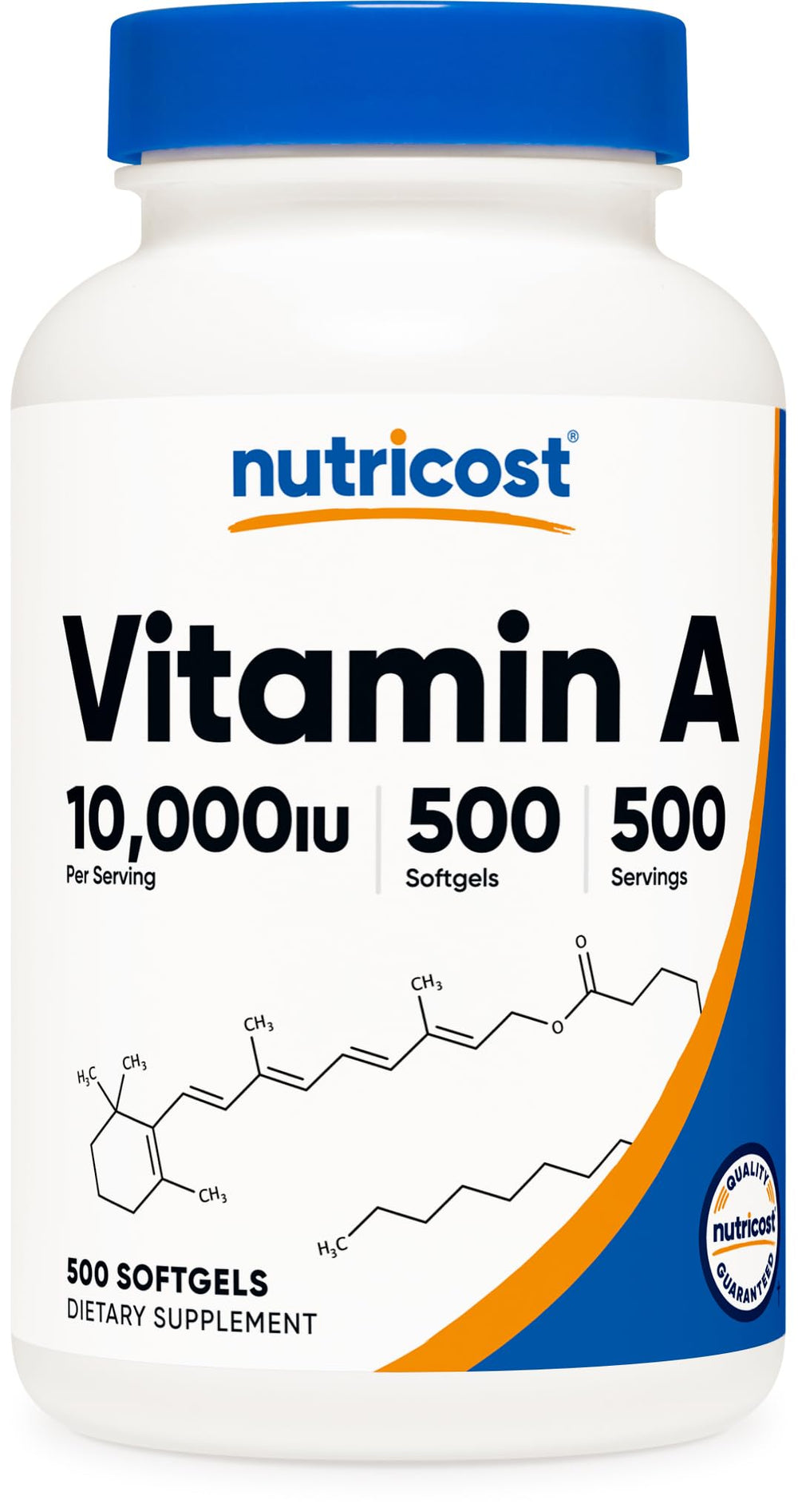 Front view of Nutricost Vitamin A 10,000 IU 500 softgels bottle