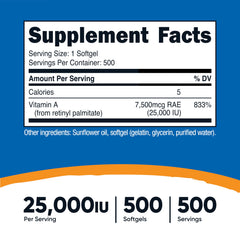 Label showing 25,000 IU per serving for Nutricost Vitamin A (Retinyl Palmitate)