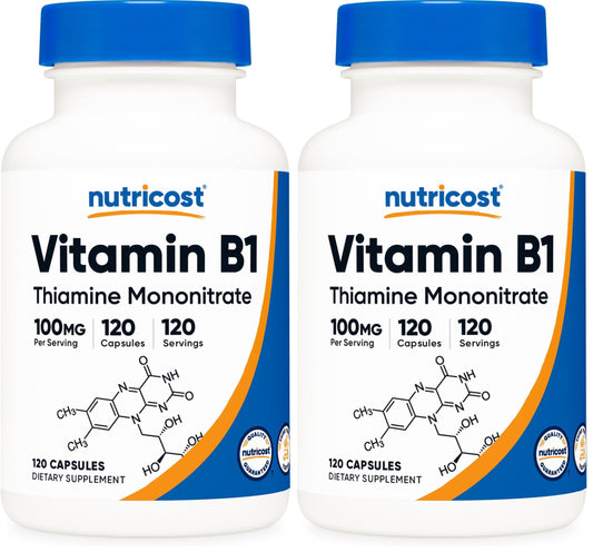 Front view of Nutricost Vitamin B1 Thiamine 100mg 120-capsule pack (Pack of 2)