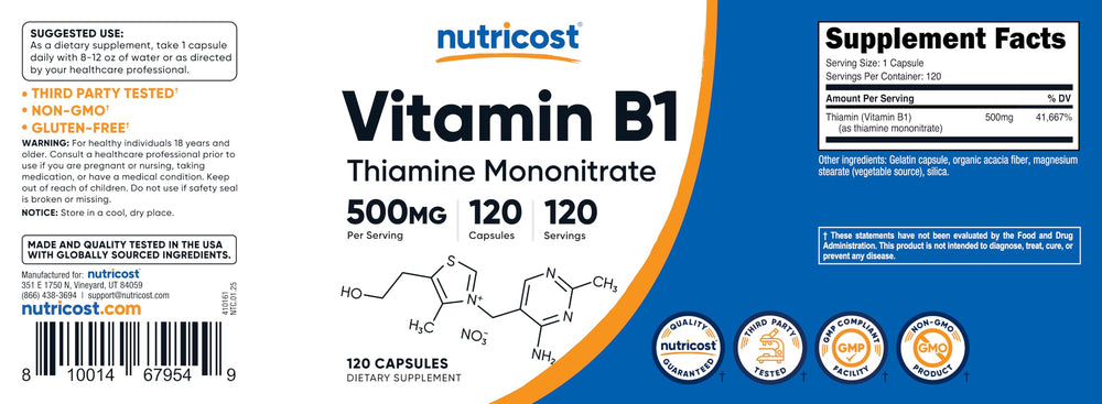Nutricost Vitamin B1 Thiamine 500mg bottle on neutral background