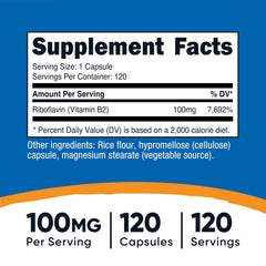 Nutricost Vitamin B2 Riboflavin 100mg bottle label with Gluten Free and Non-GMO