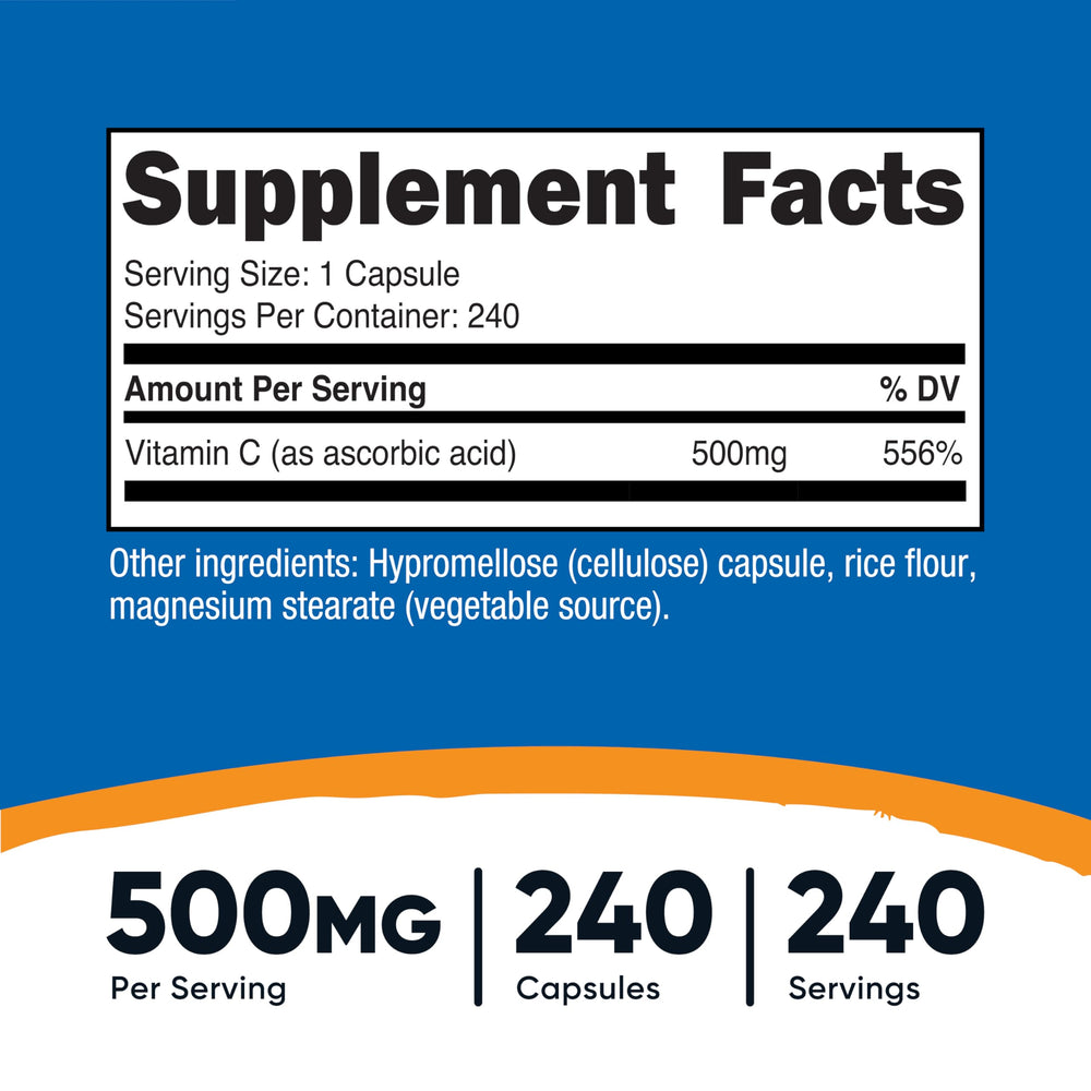 Close-up of Nutricost Vitamin C 500mg bottle label