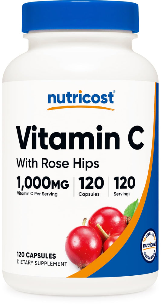 Front view of Nutricost Vitamin C with Rose Hips 1025mg bottle