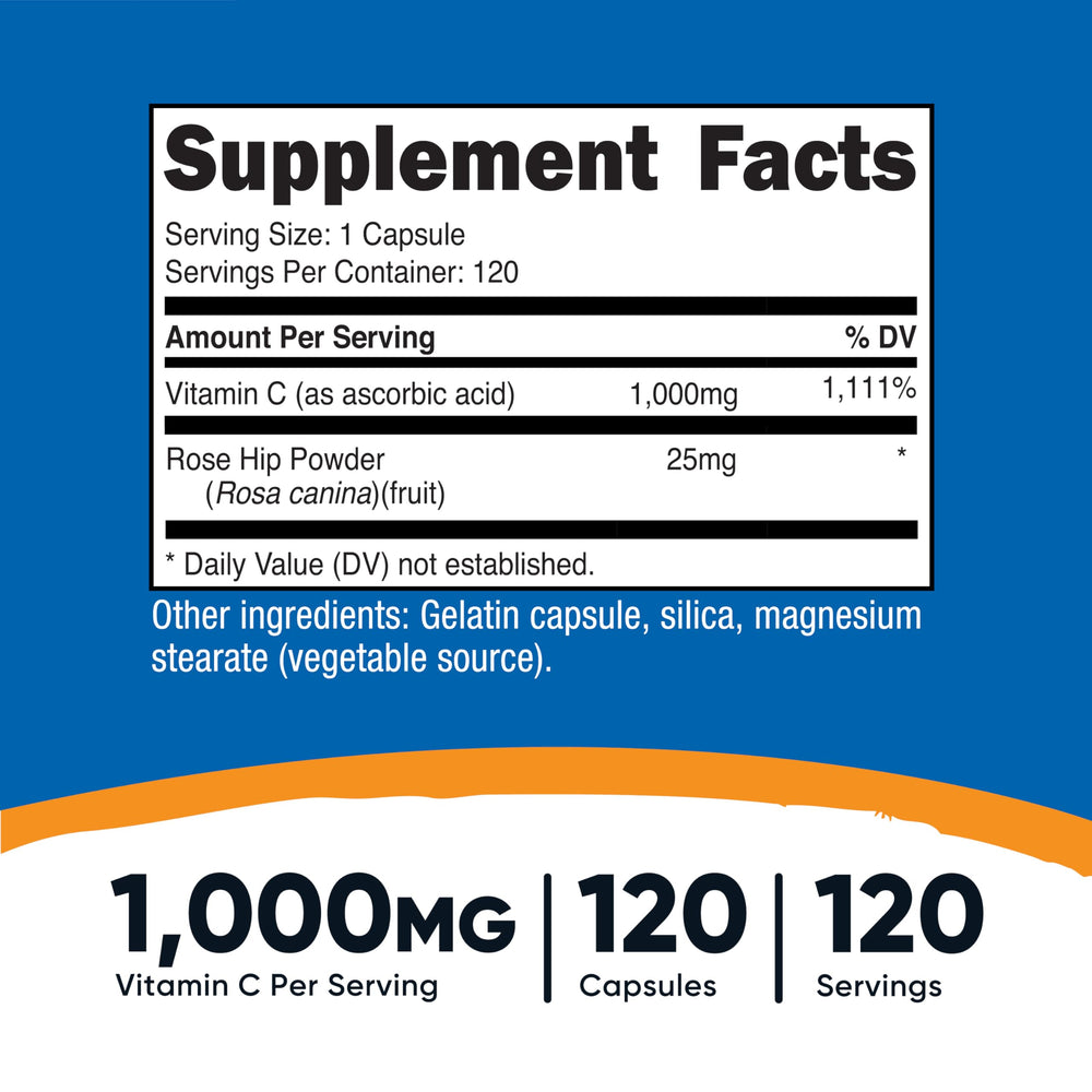 Bottle label showing Vitamin C 1000mg and Rose Hips 25mg