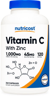 Front view of Nutricost Vitamin C with Zinc capsules bottle