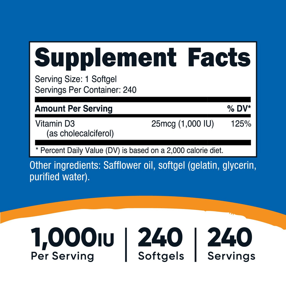 Bottle of Nutricost Vitamin D3 1000 IU softgels