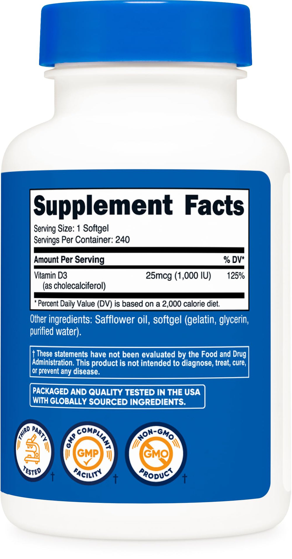 Ingredients panel for Nutricost Vitamin D3 1000 IU softgels