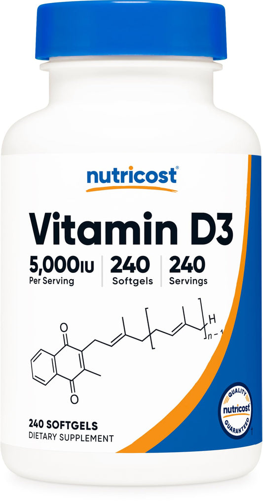 Bottle of Nutricost Vitamin D3 5000 IU 125 mcg softgels
