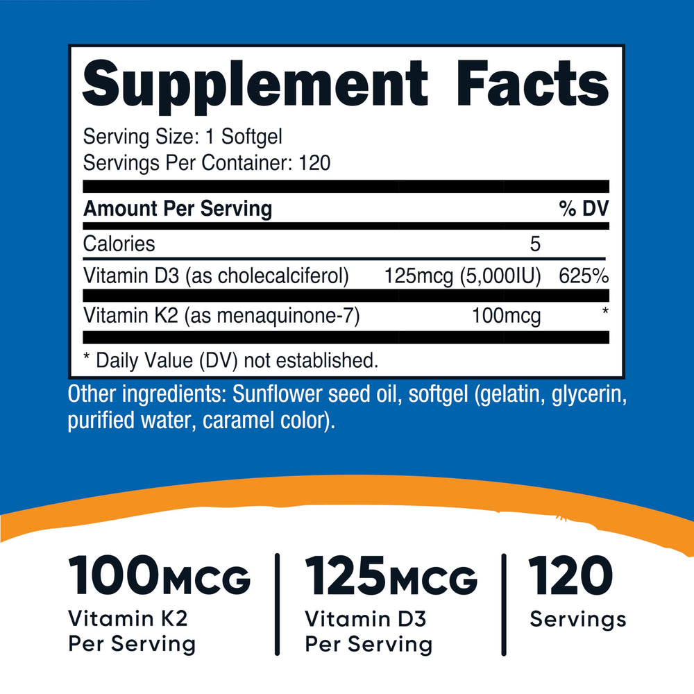 Nutrition facts panel for Vitamin K2 MK7 and Vitamin D3