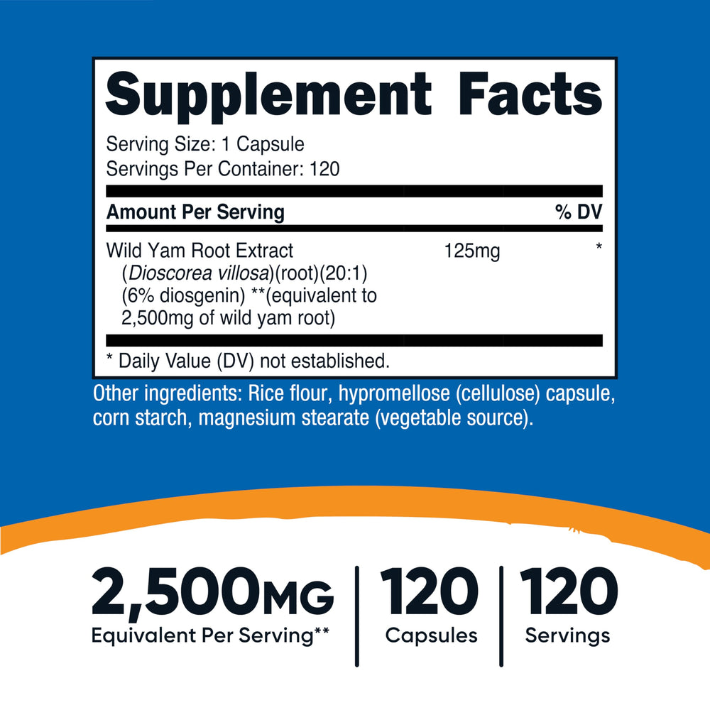 Supplement facts label for Wild Yam Root 2,500mg equivalent