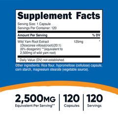 Supplement facts label for Wild Yam Root 2,500mg equivalent