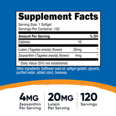 Front view of Nutricost Zeaxanthin with Lutein bottle showing 120 softgels per bottle, Pack of 2