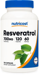 Nutricost Resveratrol 700mg bottle label with 120 vegan capsules