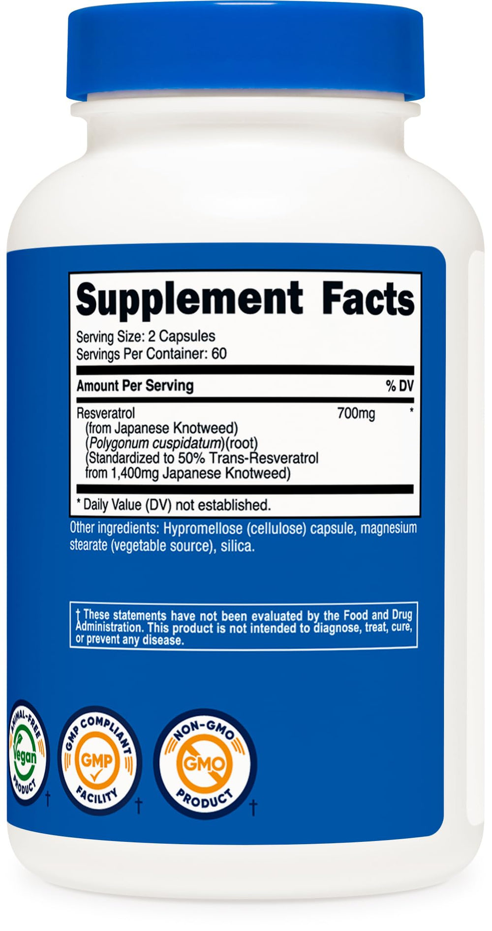 Nutrition label displaying 700mg per serving and 50% Trans-Resveratrol