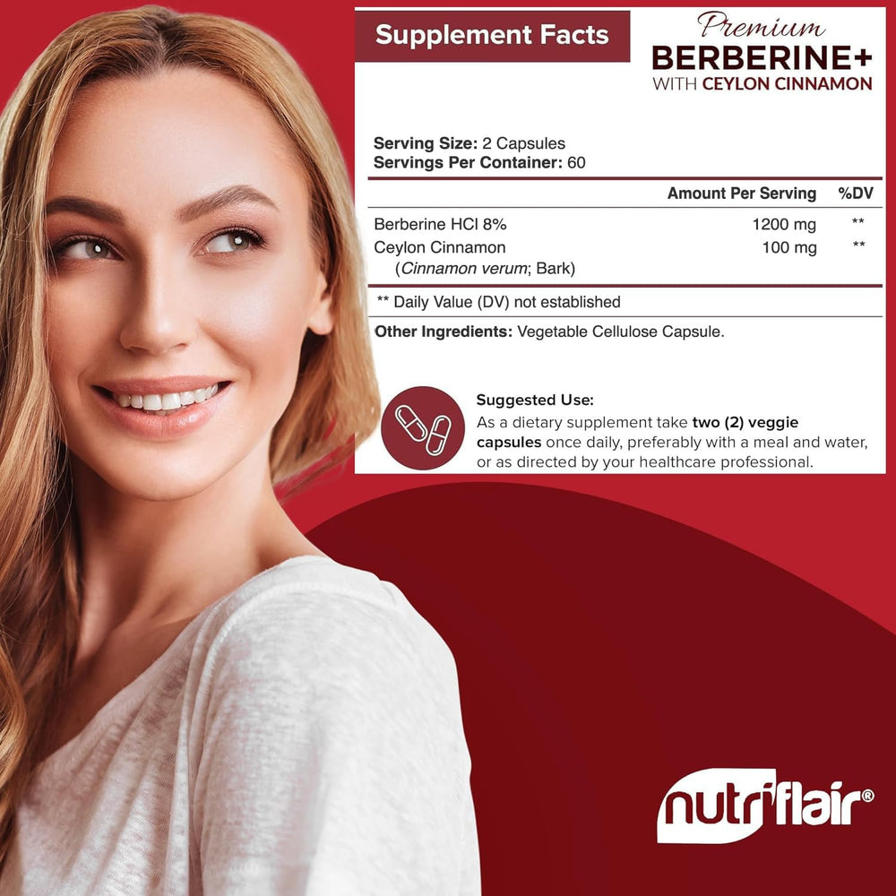 Product banner highlighting 1200 mg Berberine and 100 mg Cinnamon