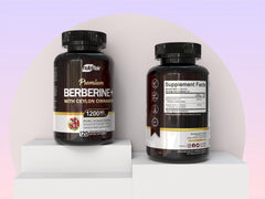 Bottle and label showing NutriFlair Berberine HCl 97% with Ceylon Cinnamon.
