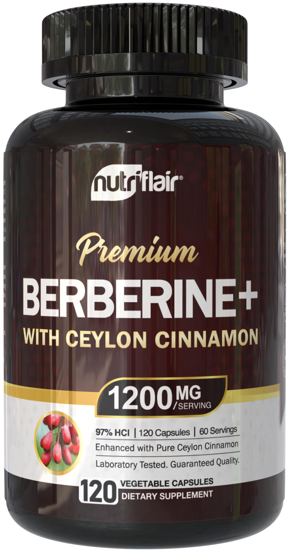 Front view of NutriFlair Berberine HCl 97% with Ceylon Cinnamon bottle.