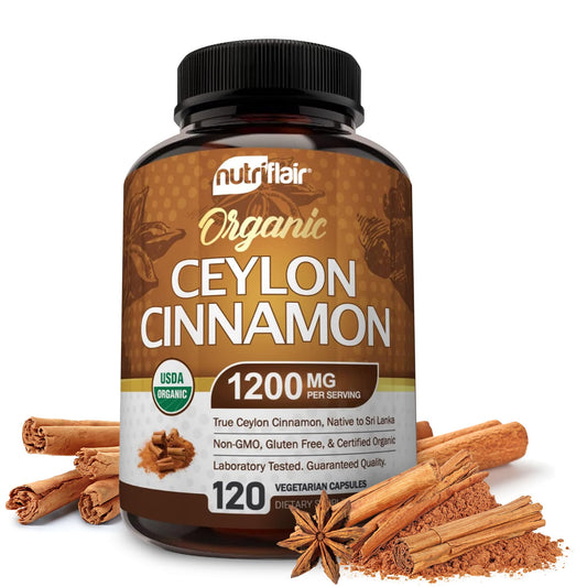 Bottle of NutriFlair Organic Ceylon Cinnamon 1200mg 120 capsules
