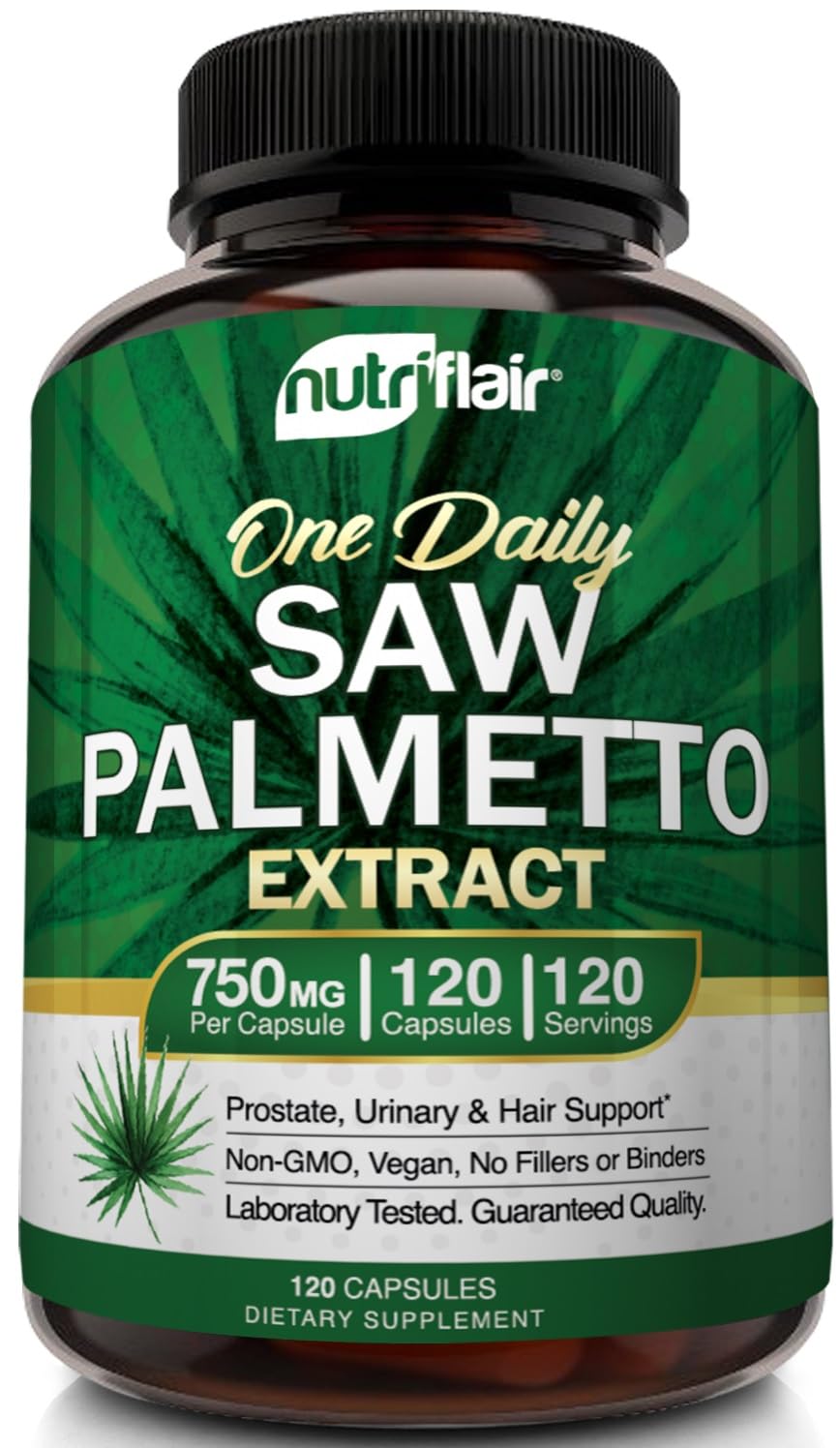 NutriFlair Saw Palmetto 750mg bottle for prostate health and hair support