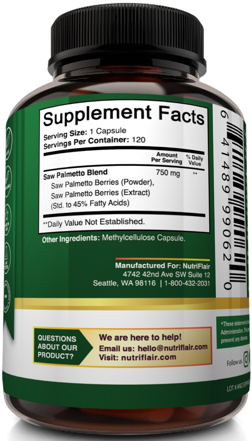 NutriFlair Saw Palmetto 120-count bottle with packaging