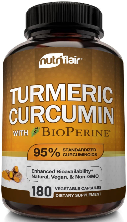 NutriFlair Turmeric Curcumin with BioPerine bottle - front view showing 180 capsules