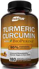 NutriFlair Turmeric Curcumin with BioPerine bottle - front view showing 180 capsules