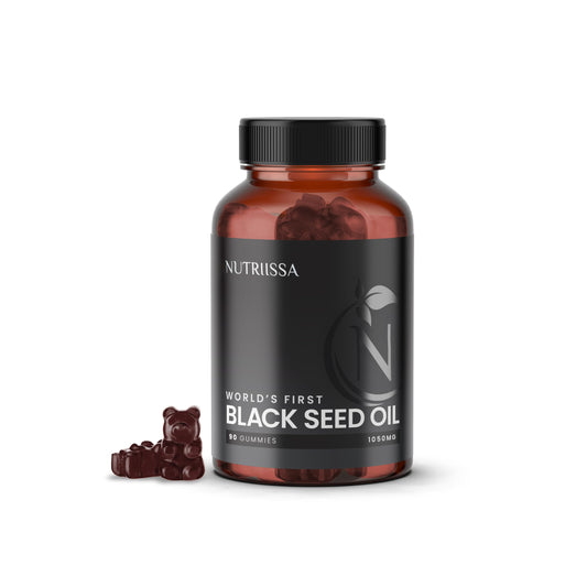 Nutriissa Black Seed Oil + Elder Berry Gummies bottle label with EPEB certification