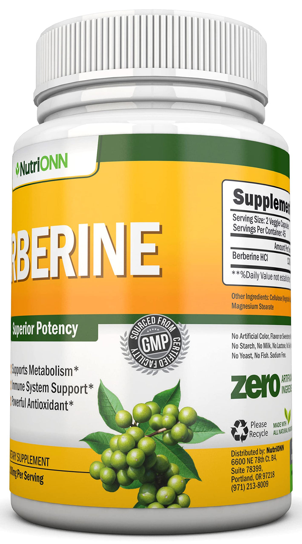 NutriONN Berberine ingredients and label