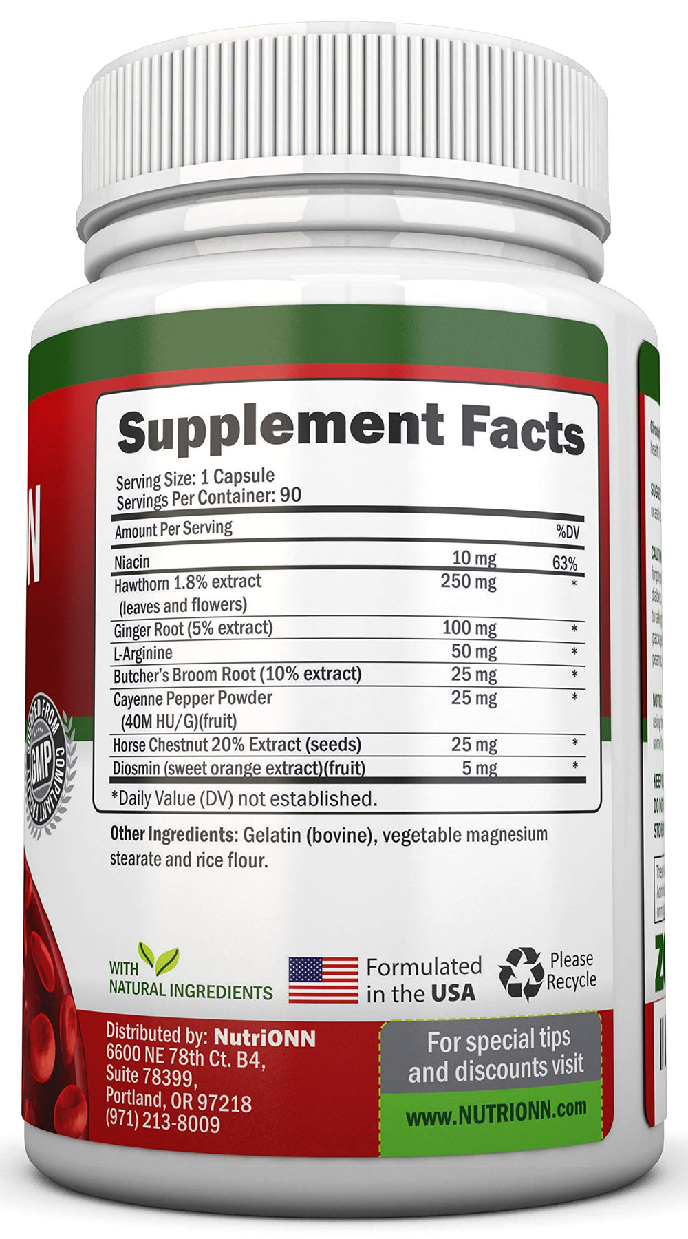Close-up of Niacin, Hawthorn, Ginger and L-Arginine ingredients
