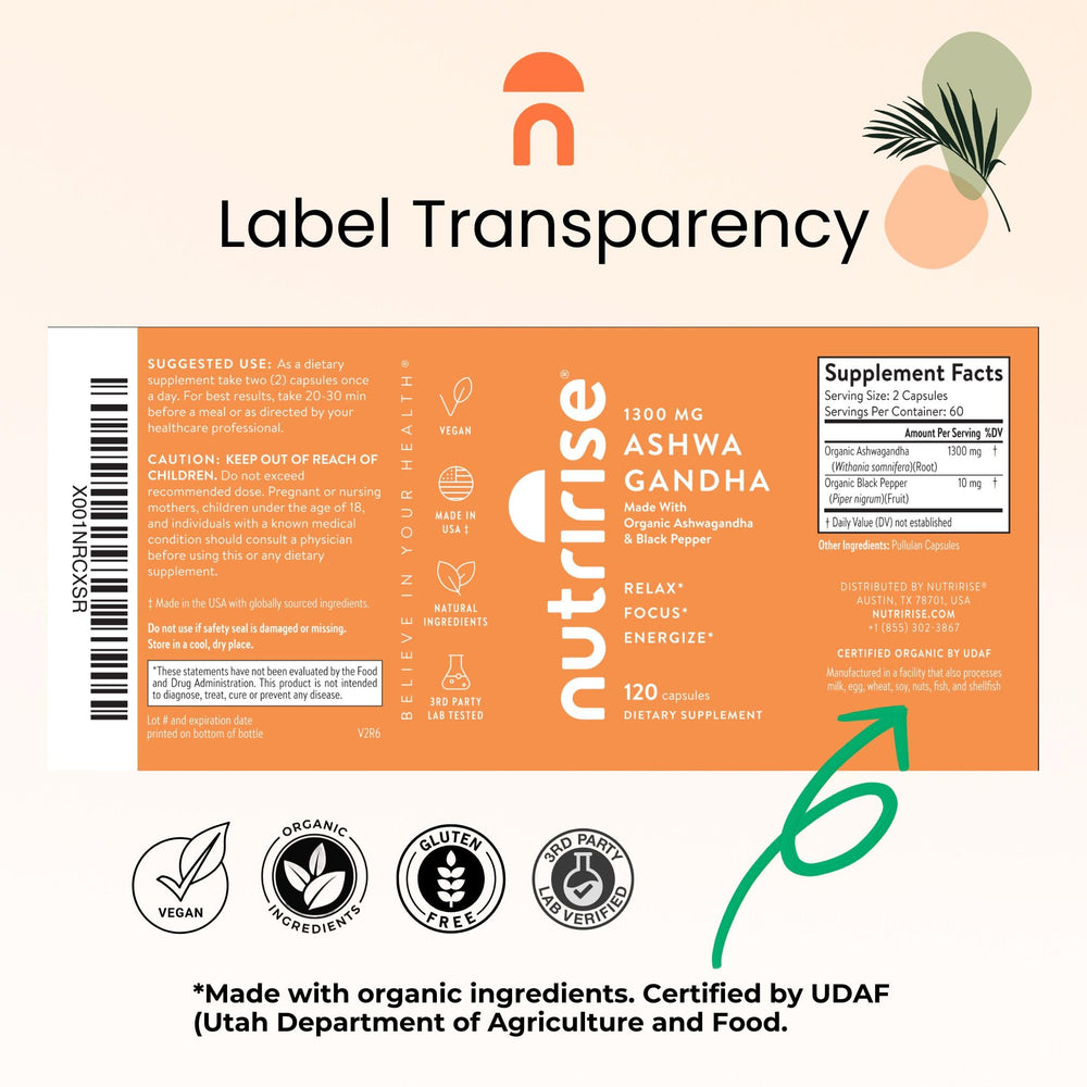 NutriRise Organic Ashwagandha 1300mg bottle – back label