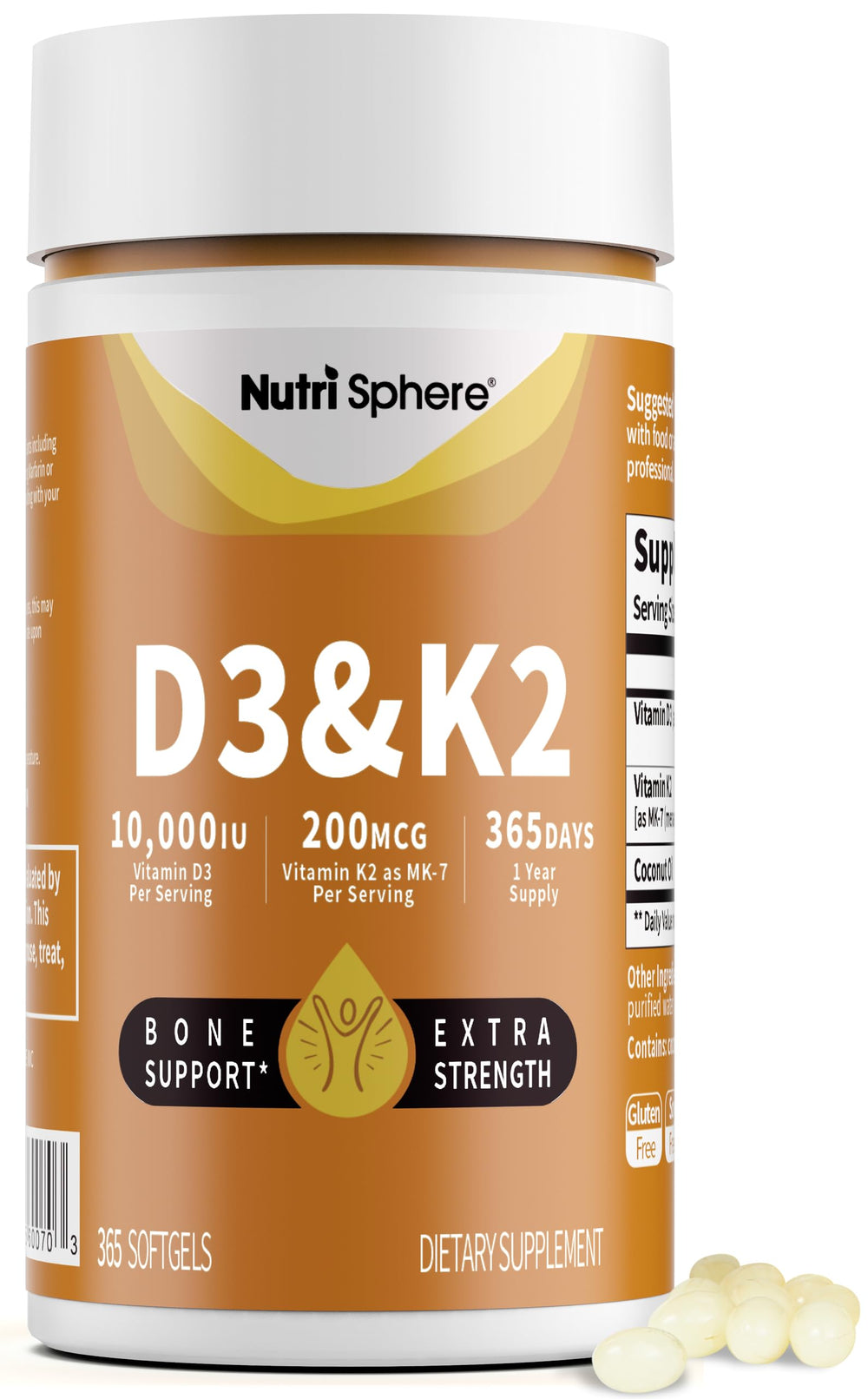 Front view of NutriSphere Vitamin D3 & K2 MK-7 10000 IU + 200 mcg softgels bottle