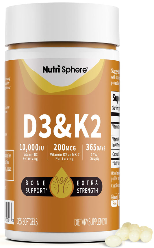 Front view of NutriSphere Vitamin D3 & K2 MK-7 10000 IU + 200 mcg softgels bottle