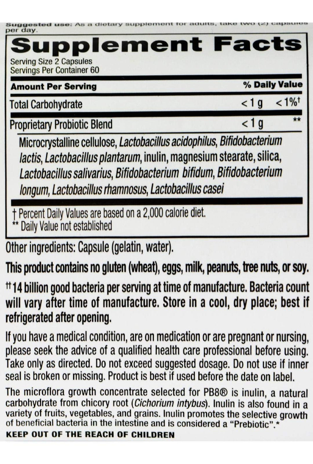 Nutrition Now Pb8 Acidophilus Original bottle – packaging and dosage information