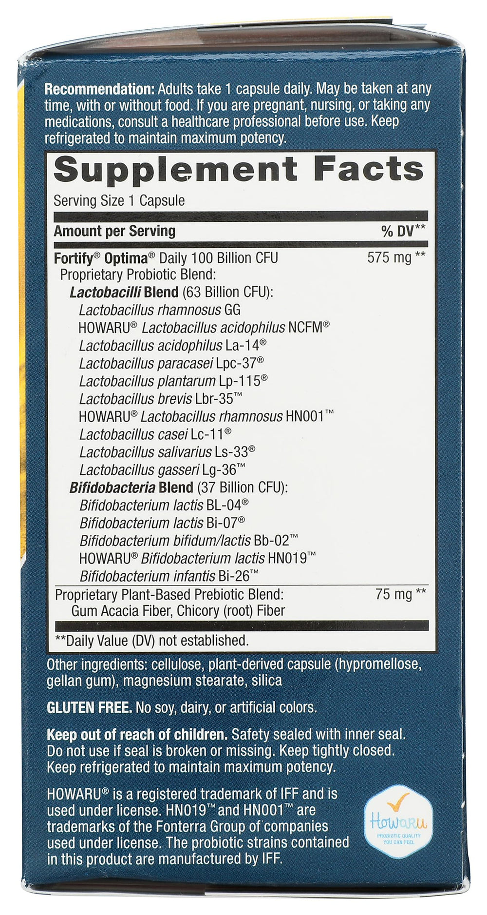 Nutrition label highlighting 100B CFU guarantee