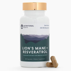 Bottle label highlighting 800mg Lion's Mane extract and 350mg Trans-Resveratrol per serving
