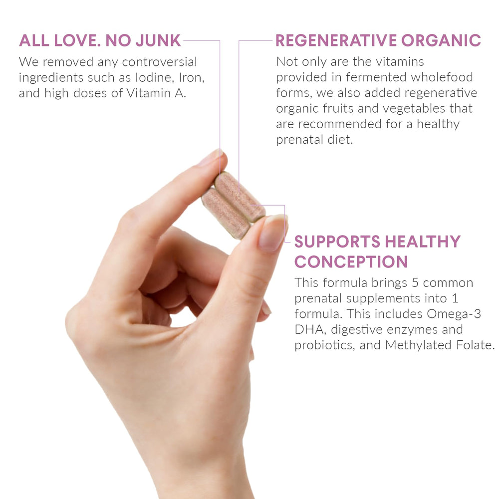 Packaging of Nutritional Roots Prenatal Vitamins with regenerative organic ingredients, no iron or iodine