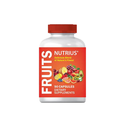 Front view of Nutrius Fruits bottle and capsules