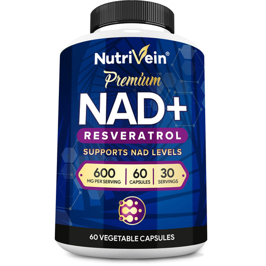Nutrivein NAD+ + Resveratrol supplement bottle and capsules