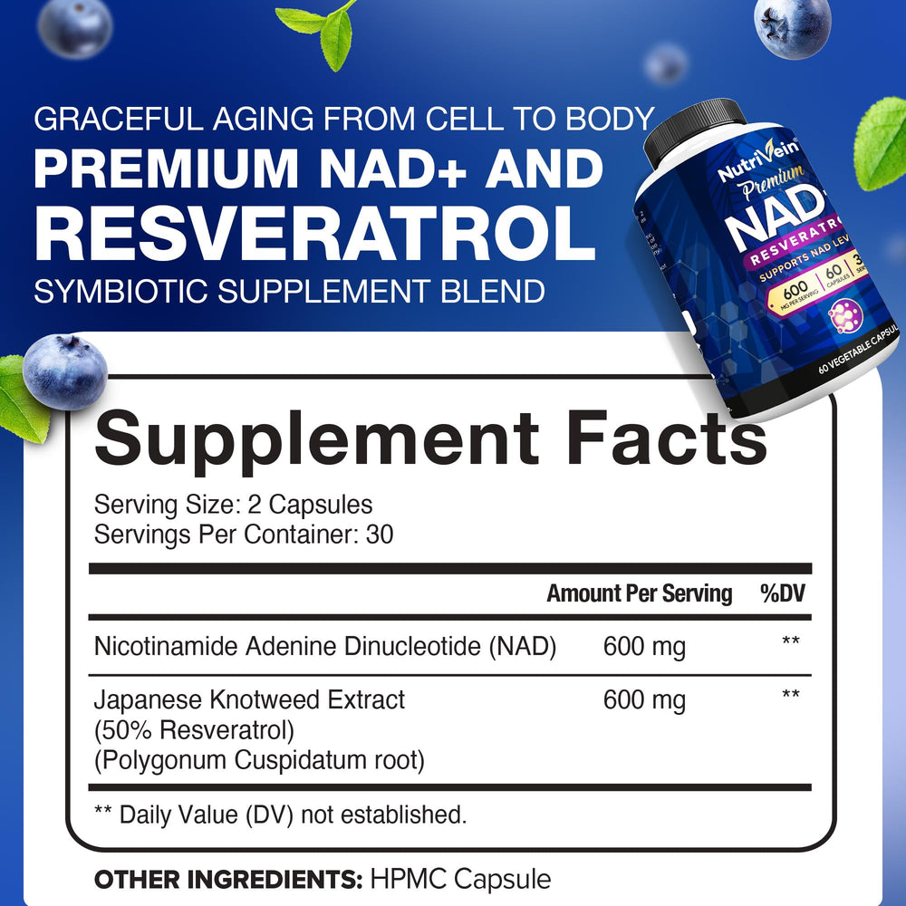 Front view of Nutrivein NAD+ + Resveratrol bottle label