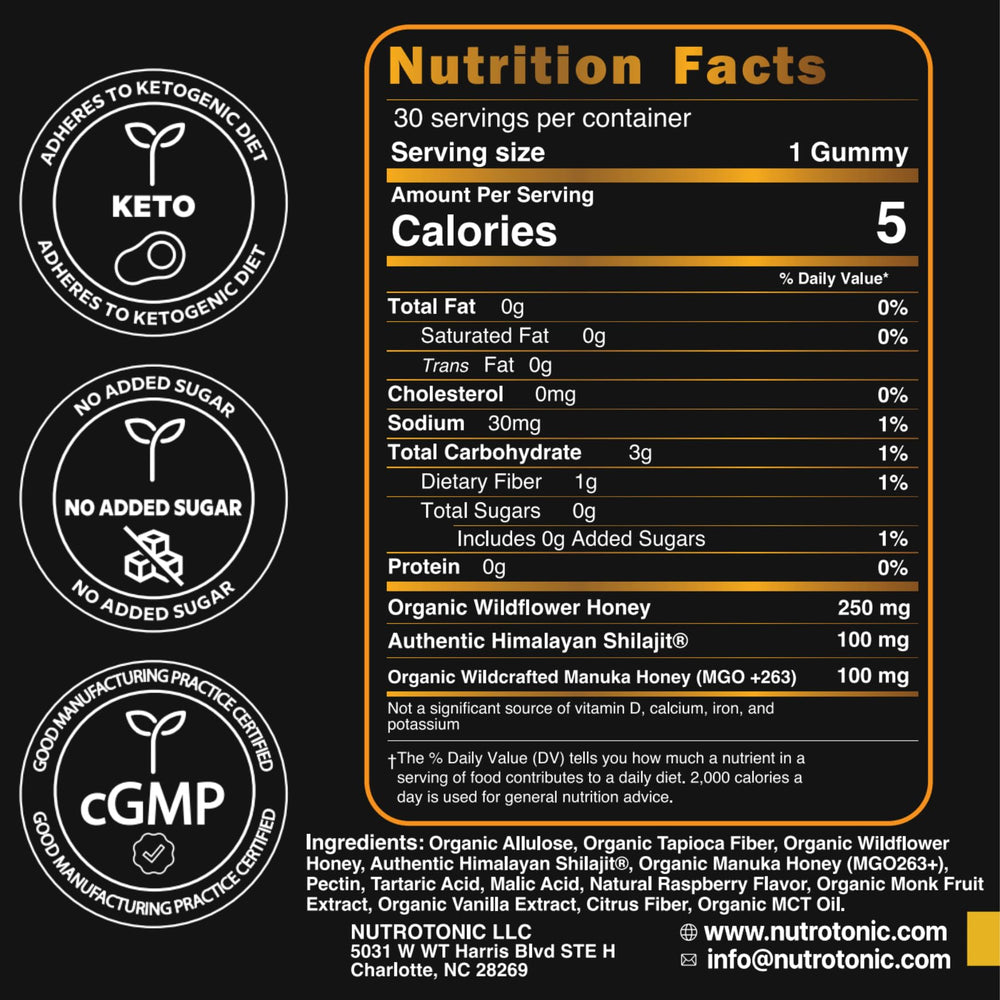 NutroTonic Shilajit Gummies bottle and packaging indicate USA-made quality