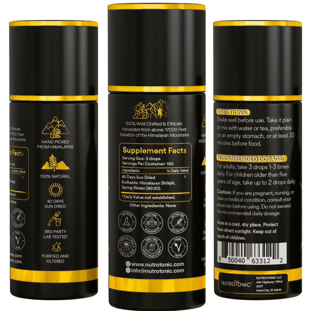 NutroTonic Shilajit 20ml packaging and dosing details
