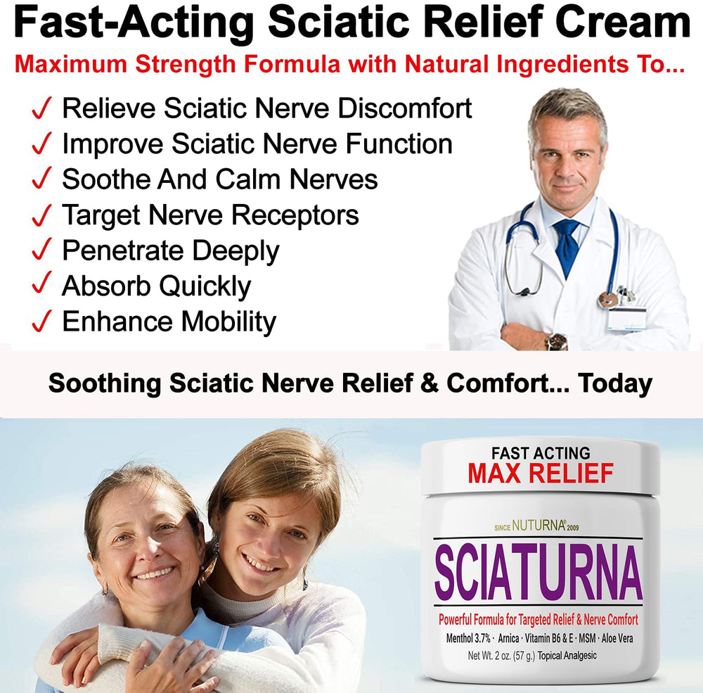 Nuturna Sciatica Cream bottle showing easy application and cooling sensation