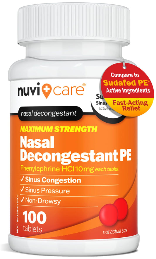 NUVICARE max-strength PE tablets bottle for direct nasal relief during everyday congestion