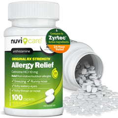 NUVICARE cetirizine 10mg tablet close-up shows active ingredient matching popular OTC brands.