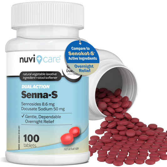 NUVICARE Senna Plus bottle shows gentle overnight support for occasional constipation.
