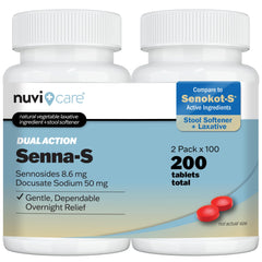 NUVICARE Senna Plus bottle front illustrating gentle, occasional-relief packaging.