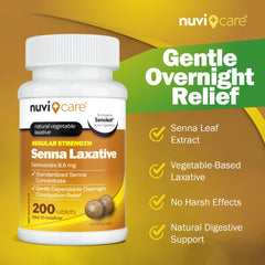 NUVICARE Senna Tablets bottle closeup emphasizing natural vegetable laxative support.