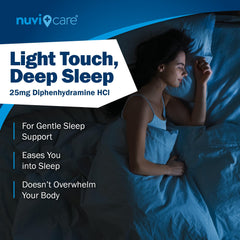 NUVICARE Sleep Aid bottle closeup emphasizes easy-to-take caplets for quiet nights.
